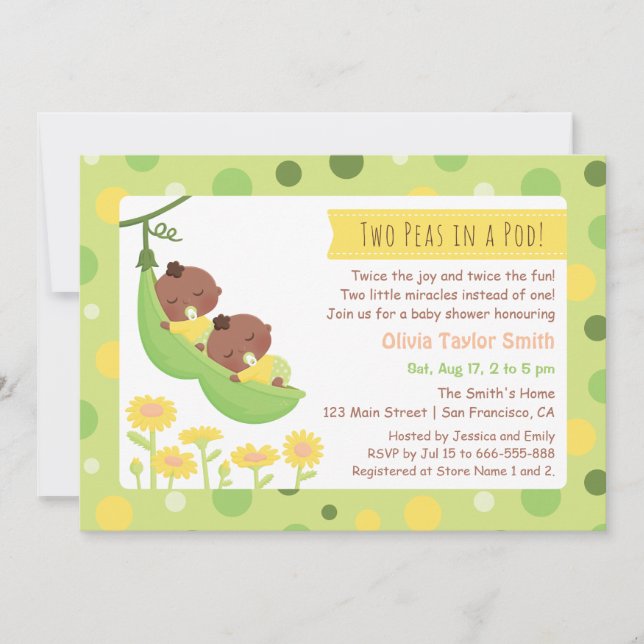 African American Twin Peas Baby Shower Invitations (Front)
