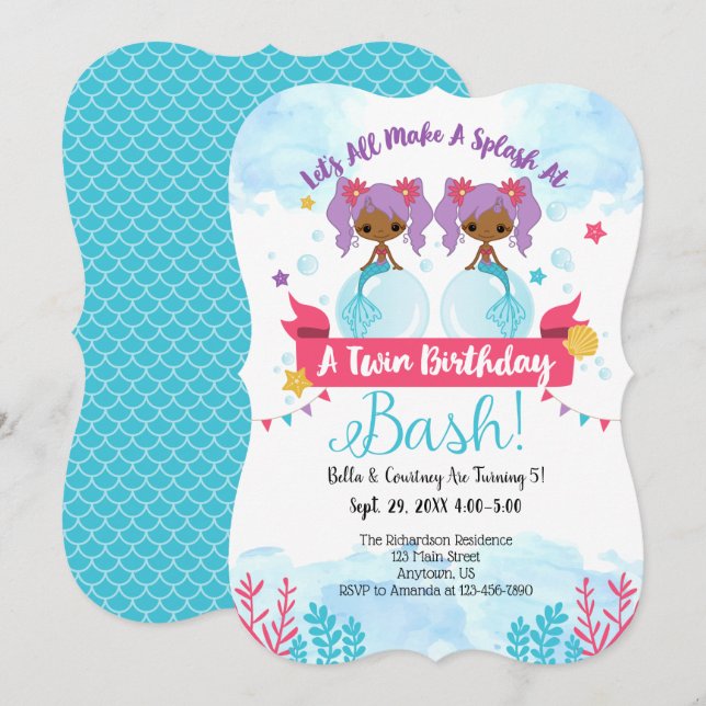 African American Twins Mermaid Birthday Invitation (Front/Back)