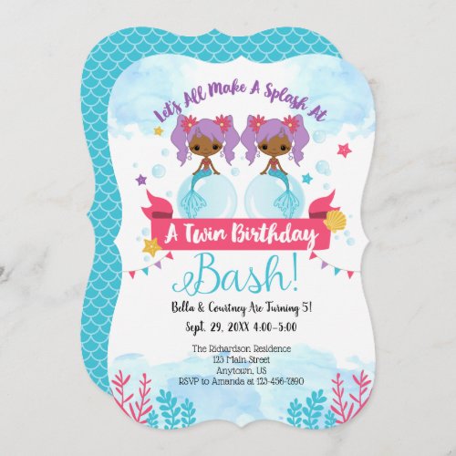 African American Twins Mermaid Birthday Invitation