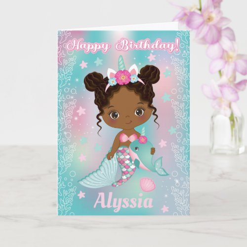 African American Unicorn Mermaid Birthday Card