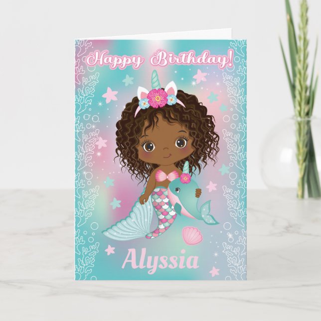 African American Unicorn Mermaid Birthday Card (Front)