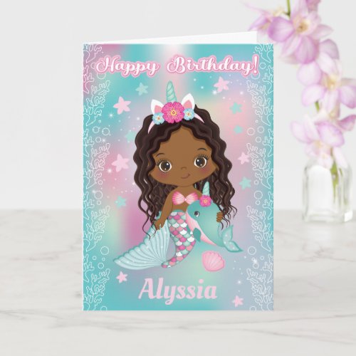 African American Unicorn Mermaid Birthday Card