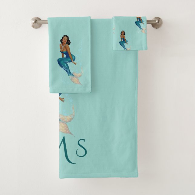 African American Vintage Mermaid Monogram Bath Towel Set (Insitu)