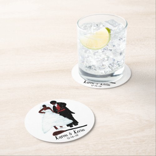 African American Wedding Jumping The Broom Round Paper Coaster