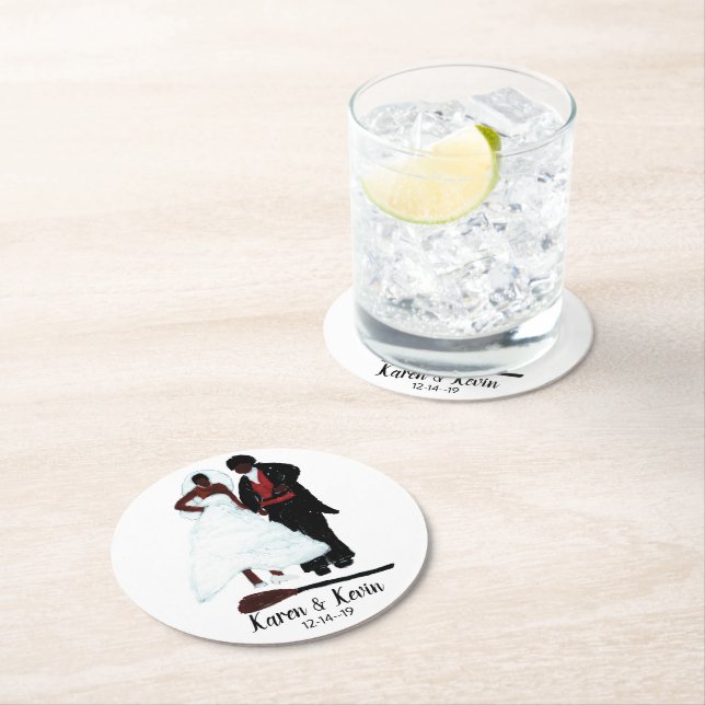 African American Wedding "Jumping The Broom" Round Paper Coaster (Insitu)