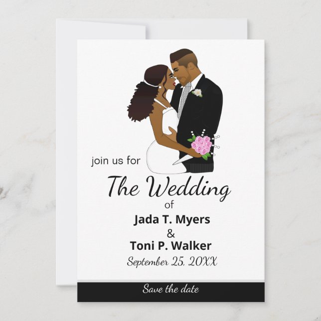African American White Classic Wedding  Invitation (Front)