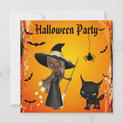 African American Witch  Cat Halloween Party Invitation