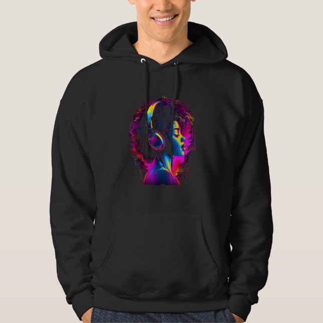 African American Woman Black Girl Headphones Graph Hoodie (Front)