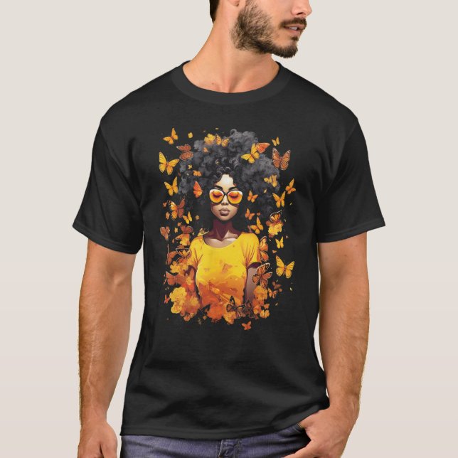 African American Woman Black Girl Music Butterflie T-Shirt (Front)