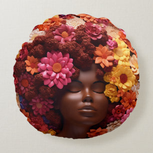 African American Woman Black Queen Melanin Poppin Round Pillow
