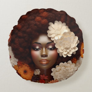 African American Woman Black Queen Melanin Poppin Round Pillow
