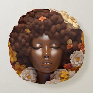 African American Woman Black Queen Melanin Poppin Round Pillow