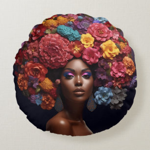 African American Woman Black Queen Melanin Poppin Round Pillow