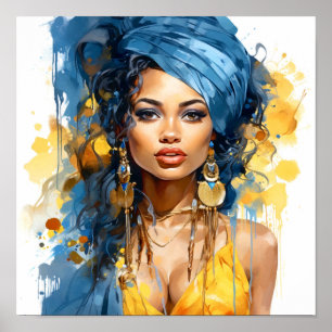 African American Woman Blue and Yellow Painting Poster