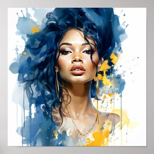 African American Woman Blue and Yellow Painting  Poster
