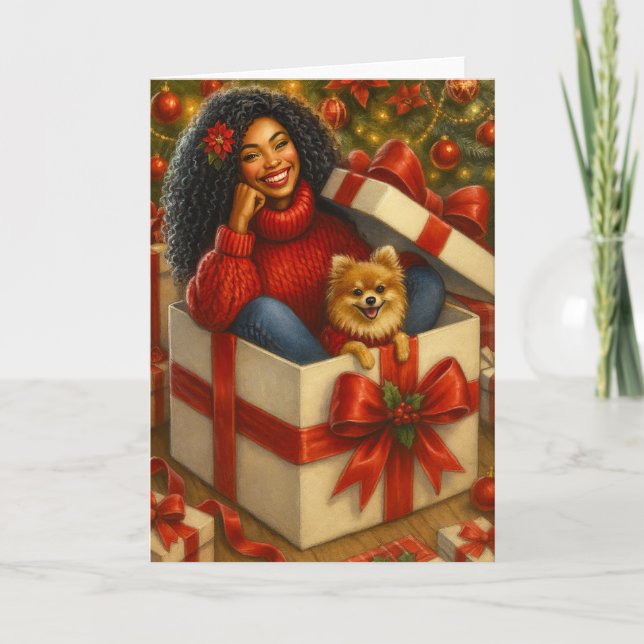 African American Woman Christmas Card | Black Card (Front)