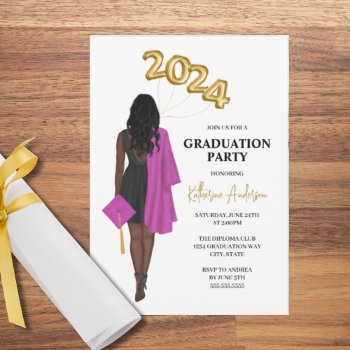 African American Woman Class 2024 Graduation Invitation by lesrubadesigns at Zazzle