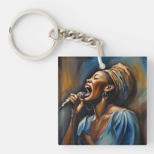 African American Woman Feel the Music Key Chain