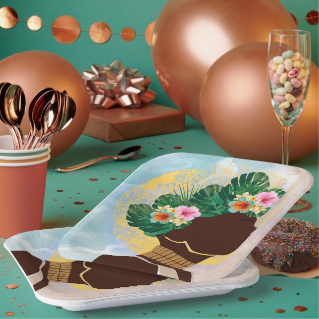 African American Woman Floral Crown Paper Plates (Multi)