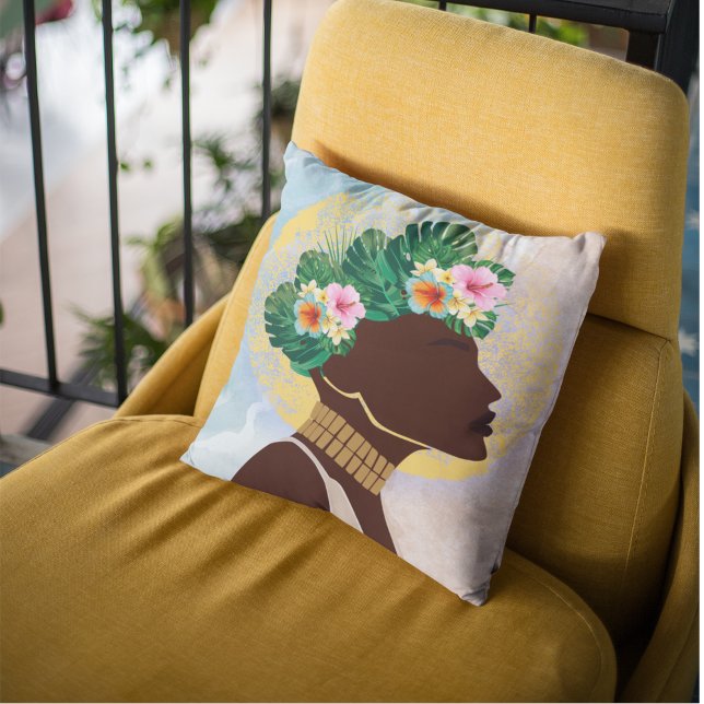 African American Woman Floral Crown Throw Pillow (Creator Uploaded)
