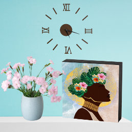 African American Woman Floral Crown Wooden Box Sign