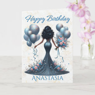 African American Woman Glamorous Blue Birthday Card