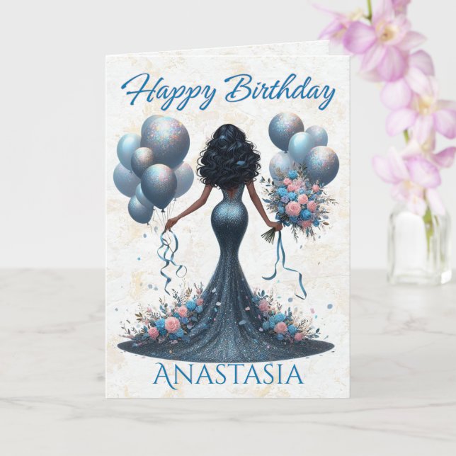 African American Woman Glamorous Blue Birthday Card (Orchid)
