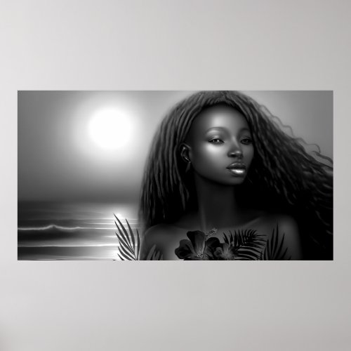 African American woman moonlight beach Monochrome  Poster