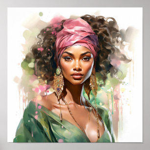 African American Woman Pink and Green Painting Poster