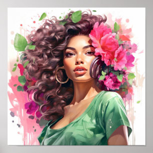African American Woman Pink and Green Painting Poster