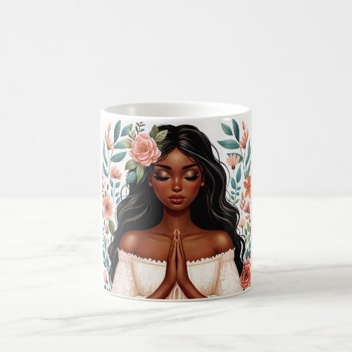 African American Woman Praying Floral Coffee Mug