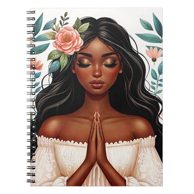 African American Woman Praying Floral Notebook (Front)