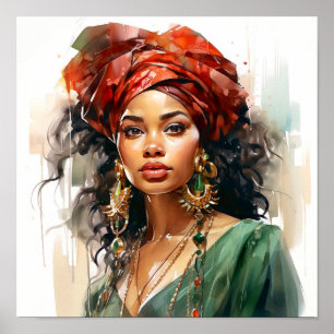 African American Woman Red and Green Painting Poster
