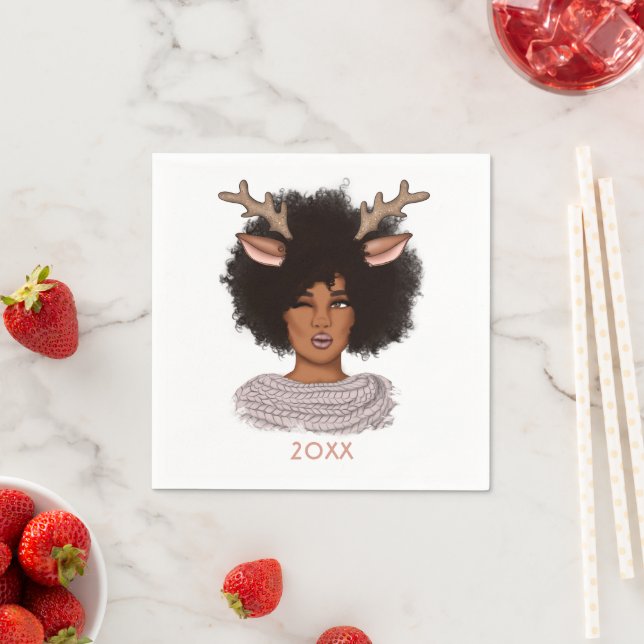 African American Woman Reindeer Christmas Napkins (Insitu)