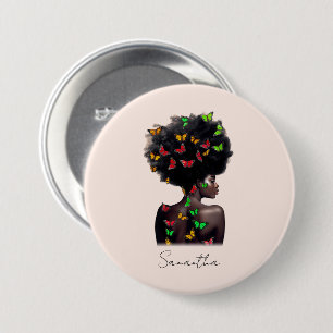 African American Woman with Butterfly-Filled Afro  Button