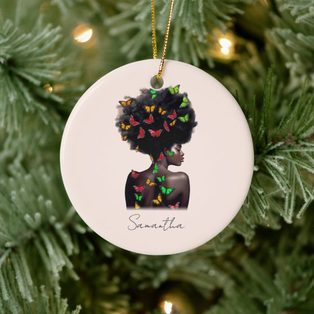 African American Woman with Butterfly-Filled Afro  Ceramic Ornament (Tree)