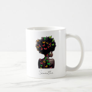 African American Woman with Butterfly-Filled Afro  Coffee Mug