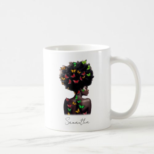 African American Woman with Butterfly_Filled Afro  Coffee Mug