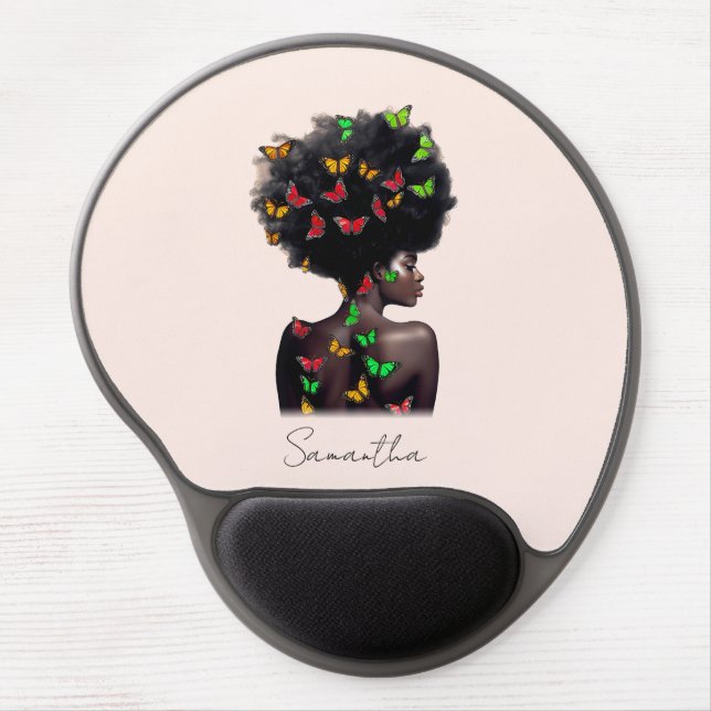African American Woman with Butterfly-Filled Afro  Gel Mouse Pad (Front)
