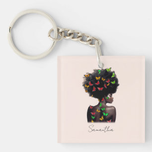 African American Woman with Butterfly-Filled Afro Keychain