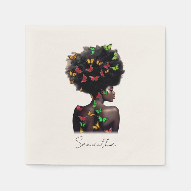 African American Woman with Butterfly-Filled Afro  Napkins (Front)