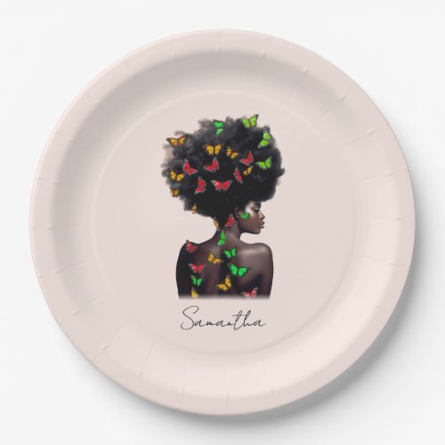 African American Woman with Butterfly_Filled Afro  Paper Plates
