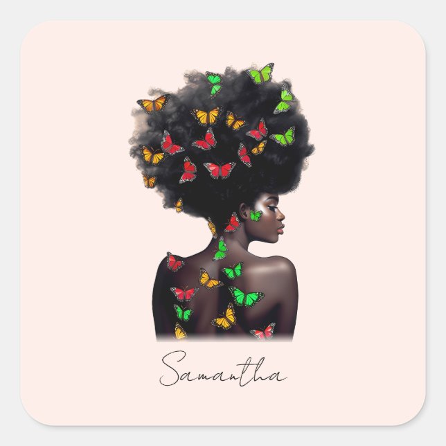 African American Woman with Butterfly-Filled Afro  Square Sticker (Front)