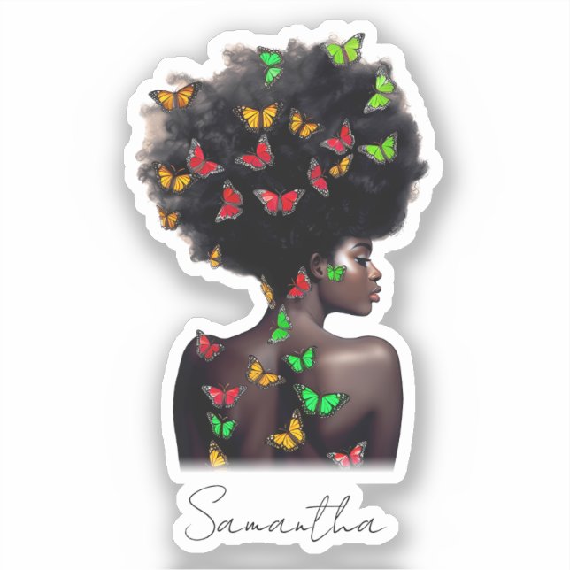African American Woman with Butterfly-Filled Afro  Sticker (Front)