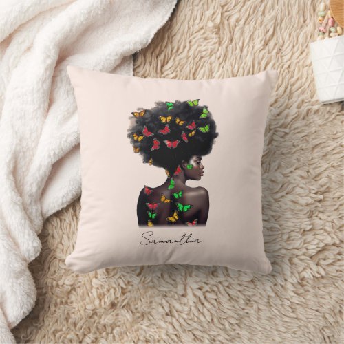 African American Woman with Butterfly_Filled Afro  Throw Pillow
