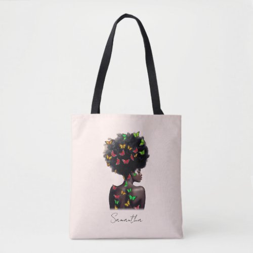African American Woman with Butterfly_Filled Afro  Tote Bag