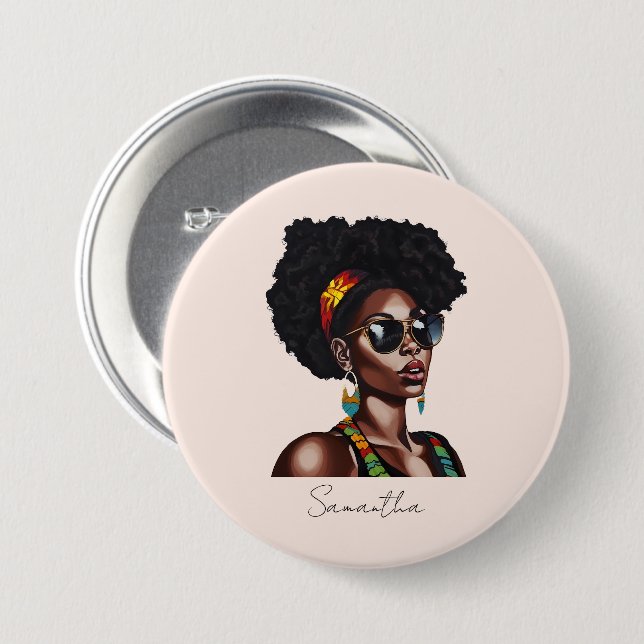 African American Woman with Chic Sunglasses Button (Front & Back)