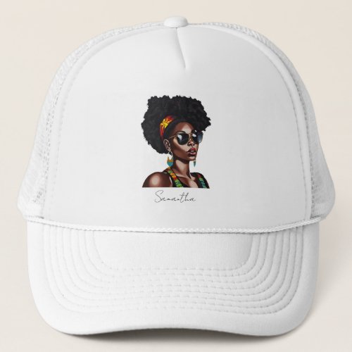 African American Woman with Chic Sunglasses Trucker Hat