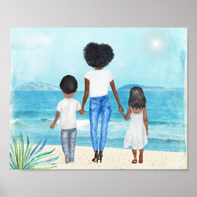 African American Woman with Children Beach Poster (Front)
