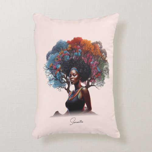 African_American Woman with Colorful Tree_Adorned  Accent Pillow